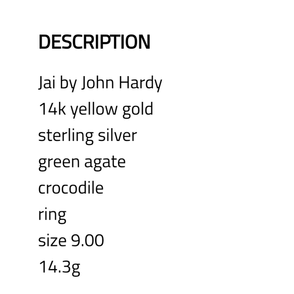 Sold Jai John Hardy 14k gold .925 green agate ALLIGATOR RING RARE - Picture 9 of 13